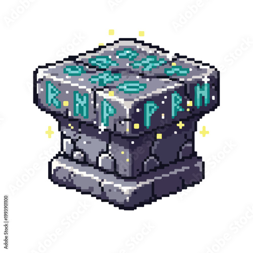 A pixel art stone altar with glowing cyan runes and yellow sparkles, depicted in an isometric view on a white background.