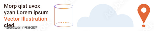 Data visualization, cloud computing, navigation, technology, mapping, location analytics. Minimal image of a cylinder, a cloud and a map pin. Data visualization and cloud computing