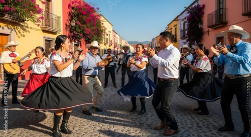 People in traditional Mexican clothing dancing in a street on Cinco de Mayo