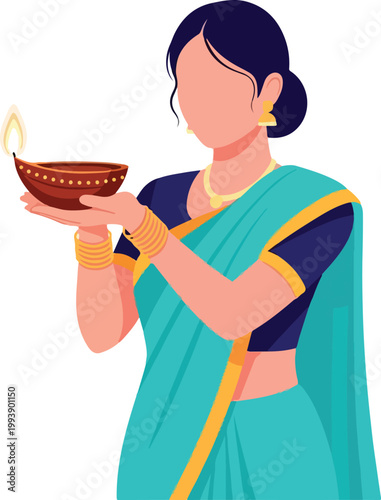 Suitable for Diwali, Indian festival, cultural, spiritual, and traditional designs. A woman in a blue sari holding a lit diya lamp creates a peaceful and serene aesthetic.