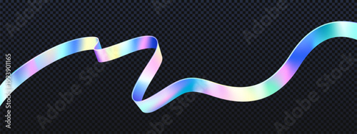 Vibrant holographic rainbow ribbon flowing gracefully on a sleek, dark background.