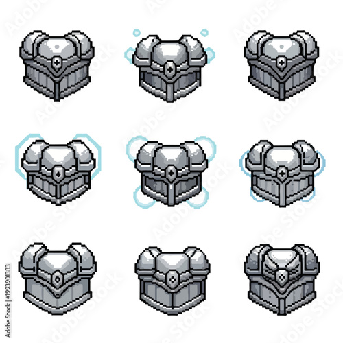 Nine variations of a metallic pixel art treasure chest are displayed in a grid, some with glowing blue energy effects for a retro game aesthetic.