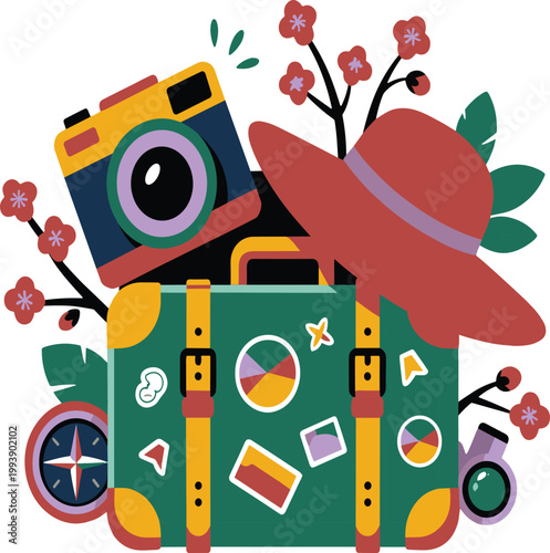 Green suitcase with red hat, camera, and floral travel vector illustration