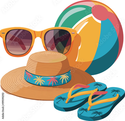 Beach accessories: orange sunglasses, multicolored beach ball, straw hat, blue flip-flops vector illustration