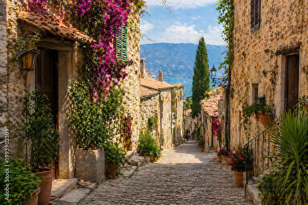 Obraz premium Charming Mediterranean village street with stone houses, flowers and sea view in warm sunlight