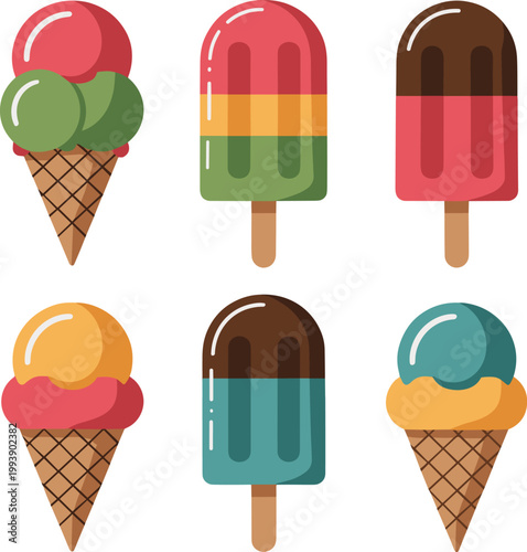 Colorful ice cream cones and popsicles in various flavors vector illustration