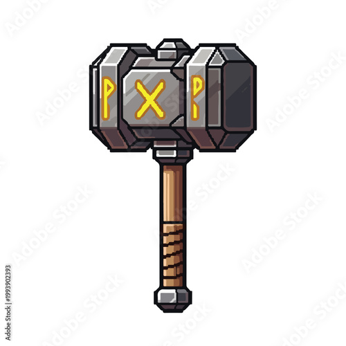 This pixel-art illustration depicts a powerful war hammer featuring a heavy metallic head with glowing runes and a sturdy wooden handle.