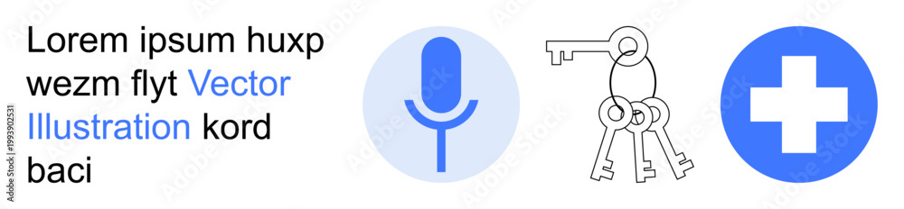 Obraz premium Communication tools, digital security, access control, healthcare, technology, data safety. Microphone, key set and medical cross icons. Concepts of communication tools and digital security