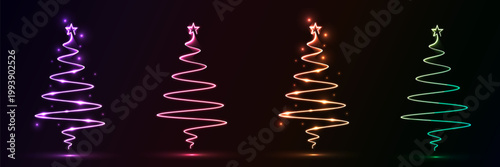 Four glowing spiral Christmas trees with star toppers in purple, pink, orange, and green lights.