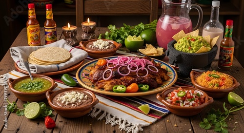 A vibrant Cinco de Mayo celebration with traditional Mexican food and drinks