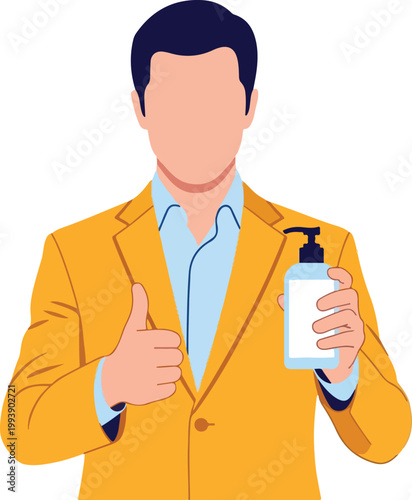A cartoon man in a yellow suit holding hand sanitizer and giving a thumbs up