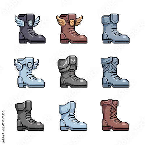 A collection of nine pixel-art boot designs featuring various colors, straps, and winged ornaments, neatly arranged in a three-by-three grid format.