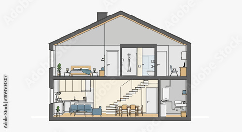Cross-section of a modern house interior design, floor plan, architecture