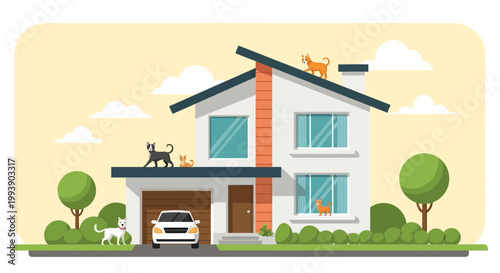 Cozy Suburban House with Cats and Dog, Car in Garage, Green Lawn