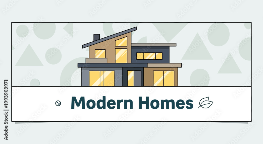 Fototapeta premium Modern Home Architecture with Geometric Patterns and Leaf Icon