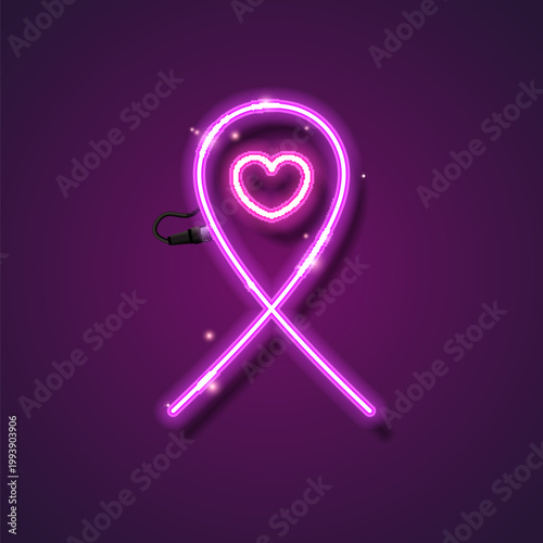 Purple ribbon illuminated with glowing dots forming a heart, symbolizing awareness and hope.