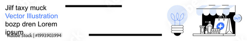 E-commerce, online retail, small businesses, sustainability, innovation, digital transactions. Lightbulb and storefront with shopping bags. E-commerce and online retail