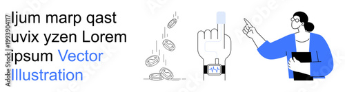 Digital payments, technology, financial growth, innovation, education, interaction. Coins falling, hand with smartwatch tapping person holding folder. Digital payments and technology concept