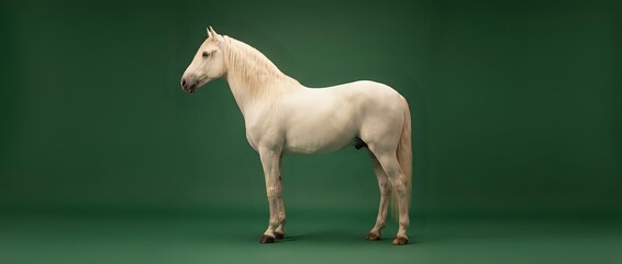 White horse standing in profile on green studio background for equestrian photography and animal portraits.
