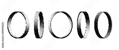 Pixel hoop shape collection. Bitmap 3D round form set. Dither circle element pack for graphic design, banner, poster, leaflet. Rasterized effect halftone orb pack. Vector Y2K geometric bundle