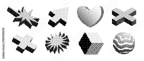Pixel geometric shape set. Bitmap 3D form collection. Pixelated element pack for graphic design, banner, poster, leaflet. Halftone rasterized effect bundle. Vector trendy Y2K dither objects