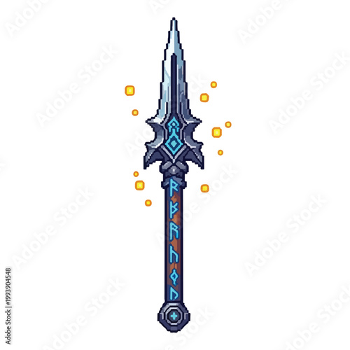 Ornate pixel-art fantasy spear with blue glowing runes on its shaft and blade, surrounded by magical golden embers on a white background.