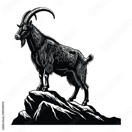 Black and white illustration of a billy goat standing on rock vintage engraving style animal art.