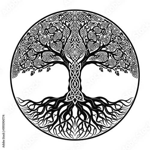 A celtic tree of life in a circular design, featuring intricate knots and intertwining branches and roots, symbolizes growth and connection.
