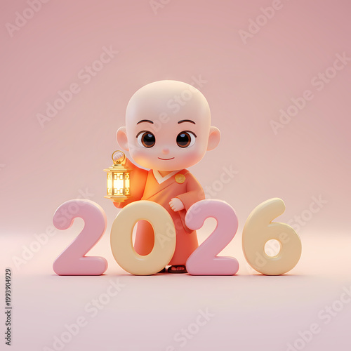 Cartoon Monk Holding Lantern for Celebration of Year 2026