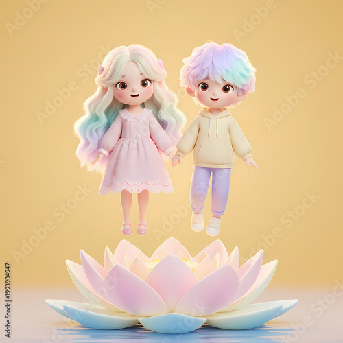 Dolls Pastel Couple over Lotus Flower Floating in Air