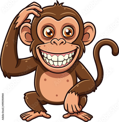 Cartoon monkey character with brown fur scratching its head and showing a wide toothy grin isolated on a white background