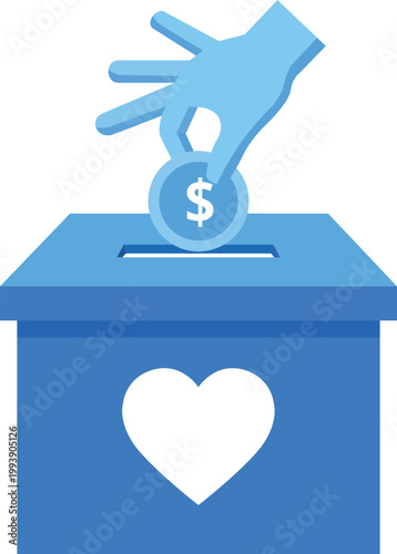 Blue donation box with heart and hand putting in money