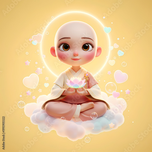Cartoon Little Monk Meditating with Lotus Flower on Cloud