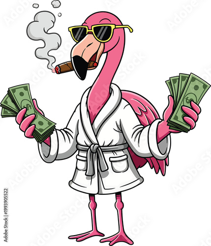 Cartoon pink flamingo wearing a white bathrobe and yellow sunglasses smoking a cigar while holding stacks of green dollar bills in both hands on a white background
