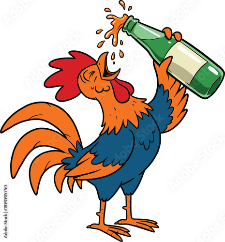 Cartoon rooster with orange and blue feathers holding a green glass bottle and drinking liquid that splashes out against a white background