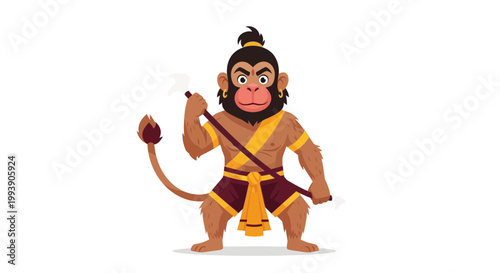 Cartoon Hanuman, Hindu God Monkey Warrior with Mace, Vector Illustration