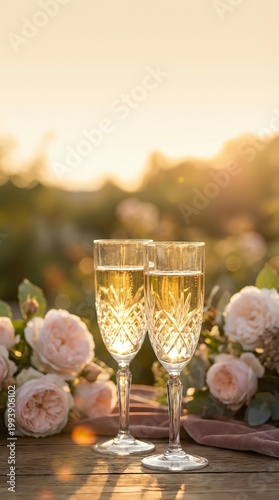 Two crystal champagne flutes filled with sparkling wine on wooden table with pink roses during golden hour sunset for romantic celebration or wedding toast.
