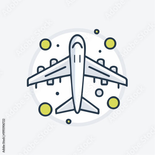 Airplane icon takes off into the sky with yellow dots around