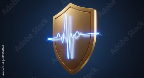 Digital security shield representing robust data protection and proactive defense for critical systems, symbolizing health monitoring and system integrity with a dynamic heartbeat visualization