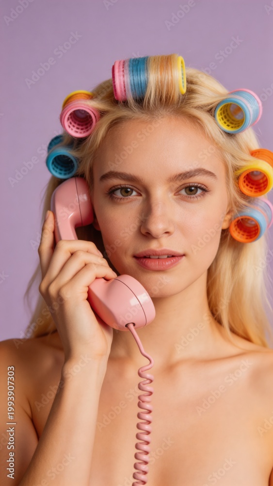 Fototapeta premium A young woman with colorful hair rollers talking on a pink phone in a studio setting, showcasing a playful and vibrant atmosphere.