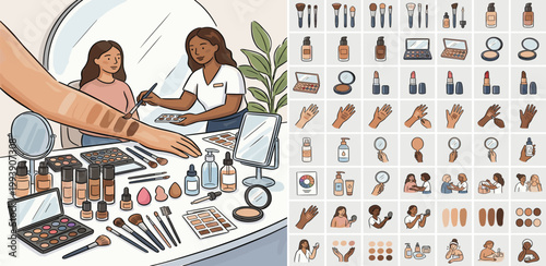 Professional makeup artist applying beauty products to a client, showcasing a diverse range of cosmetic tools and skin tones for an inclusive beauty routine and perfect makeover