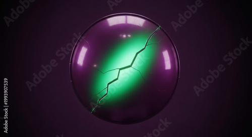 Mysterious cracked purple orb with glowing green energy emanating from within, symbolizing hidden power and magic