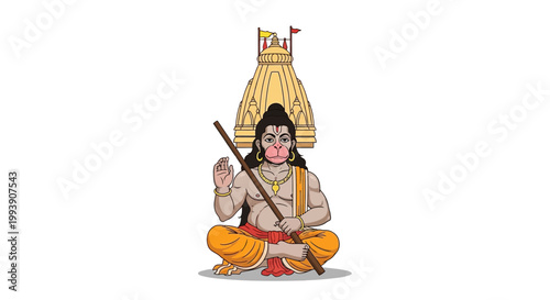 Lord Hanuman sitting in meditation posture with mace and temple background