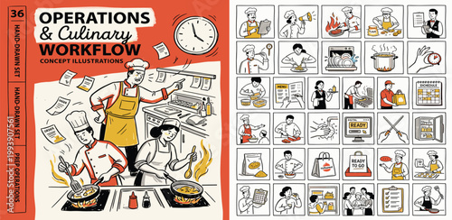 Hand-Drawn Concept Illustrations Depicting Operations and Culinary Workflow