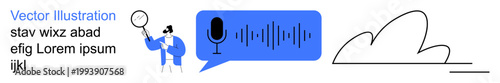 Audio transcription, sound recognition, AI voice search, linguistics analysis, cloud storage, speech processing. Magnifying glass, sound wave and cloud elements. Audio transcription and sound