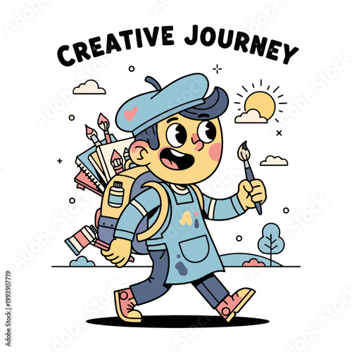 Cartoon Artist Boy with Beret and Backpack on Creative Journey.