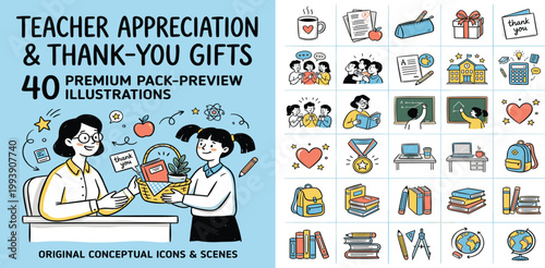 Heartwarming vector illustrations depicting teacher appreciation, gratitude, and thank you gifts, celebrating educators and the joy of learning