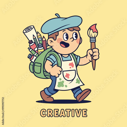 Cartoon Artist Boy with Backpack Full of Art Supplies and Brush.