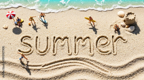 Miniature people enjoying summer vacation on sandy beach with summer text