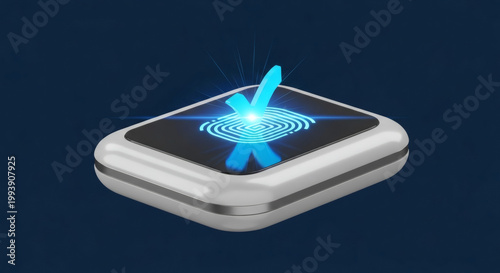Digital fingerprint scanner with glowing checkmark signifying verification and security on a dark background